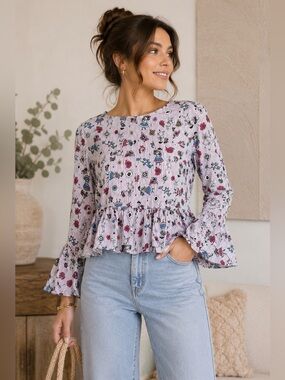 Floreiza Cottagecore Floral Peplum Blouse Button Back Long Sleeve Size M